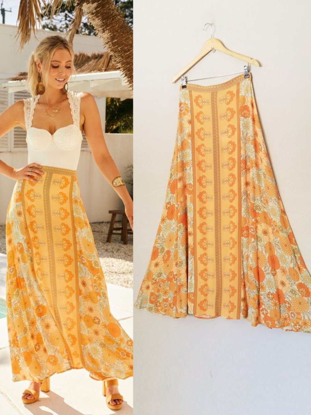 NEW Nine Lives Bazaar Penni Maxi Skirt in Oasis Yellow 10 $169 Retro 70s Vintage - Picture 2 of 15